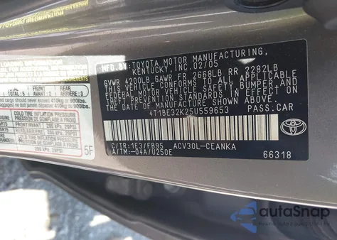 2005 Toyota Camry Le from USA, damaged, VIN 4T1BE32K25U559653